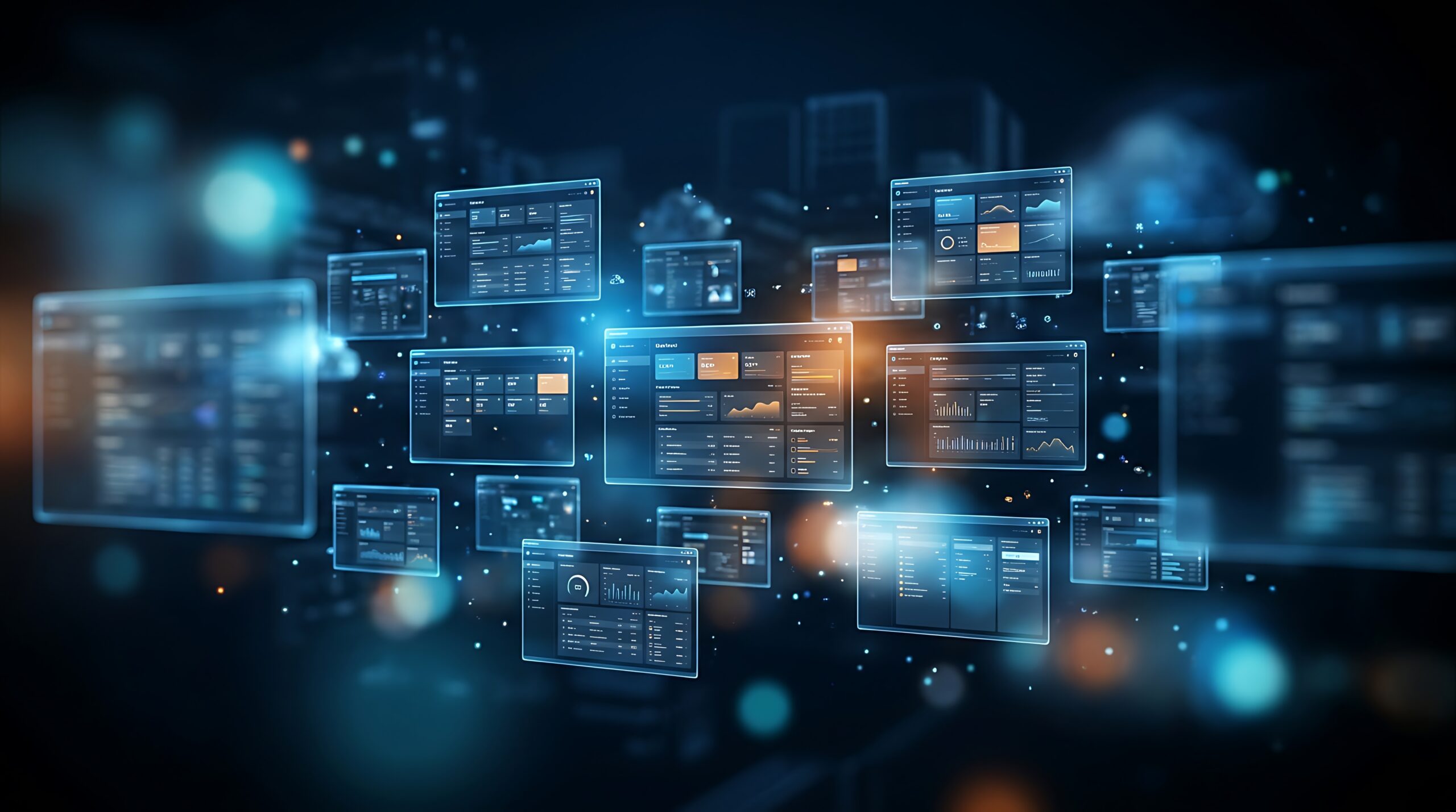 Digital interface displaying multiple data dashboards and analytics in a futuristic, glowing environment.