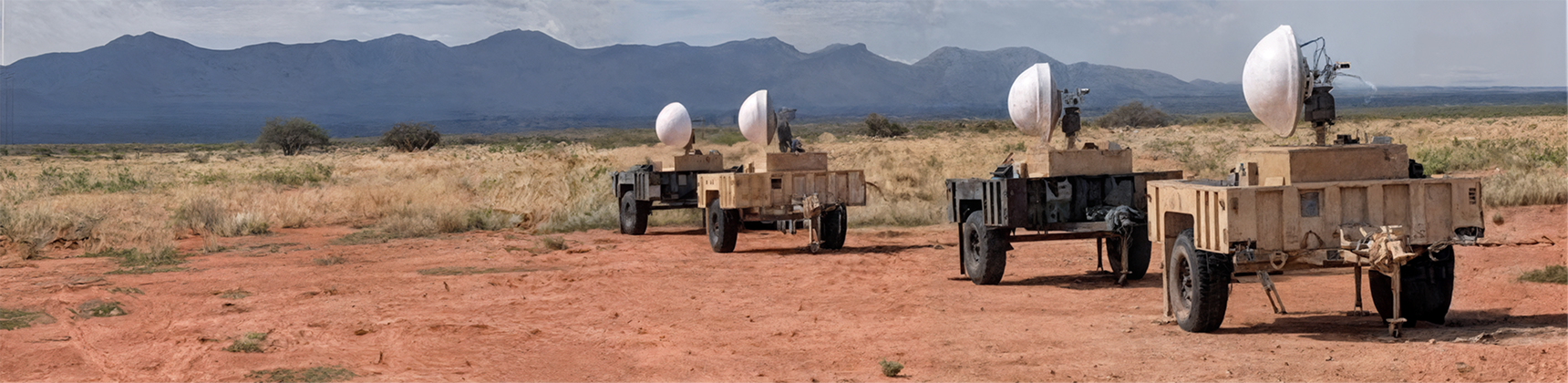 Three robotic vehicles equipped with radar systems in a desert landscape with mountains in the background.